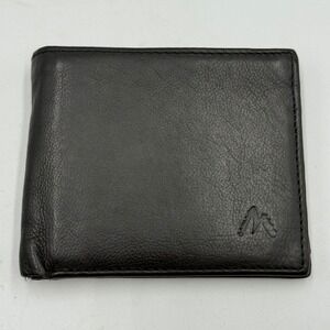 Mountain Logo Mens Black Genuine Leather Bifold Wallet with ID Window